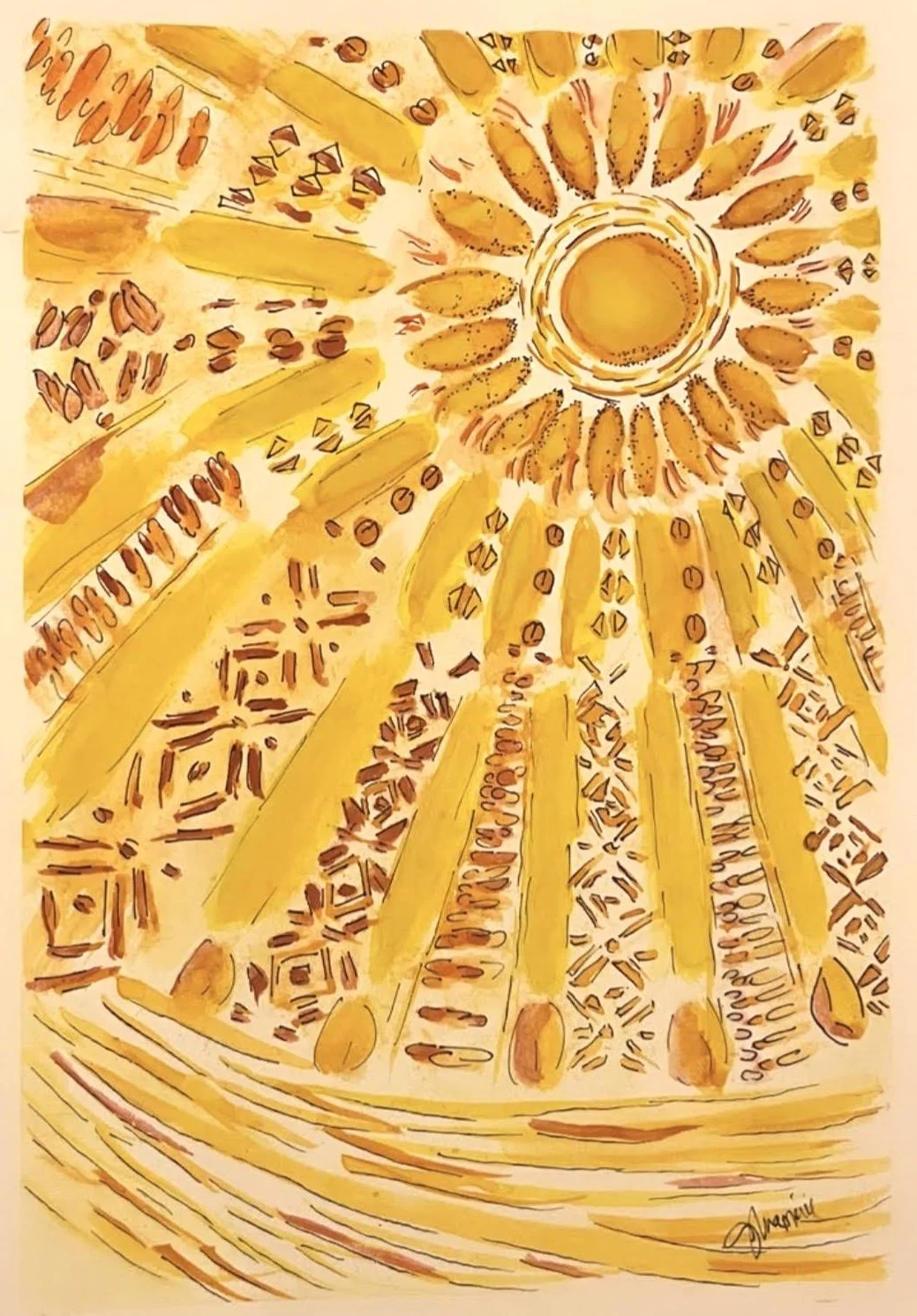 Watercolor and ink sun with patterned rays in yellow and orange