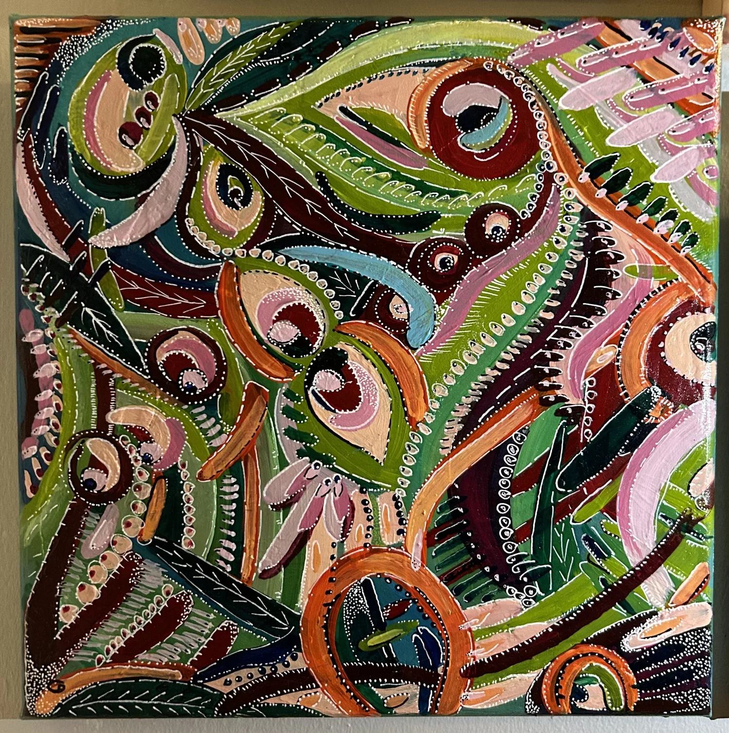 Grounding, acrylic painting with swirling textured patterns in green, pink, and orange