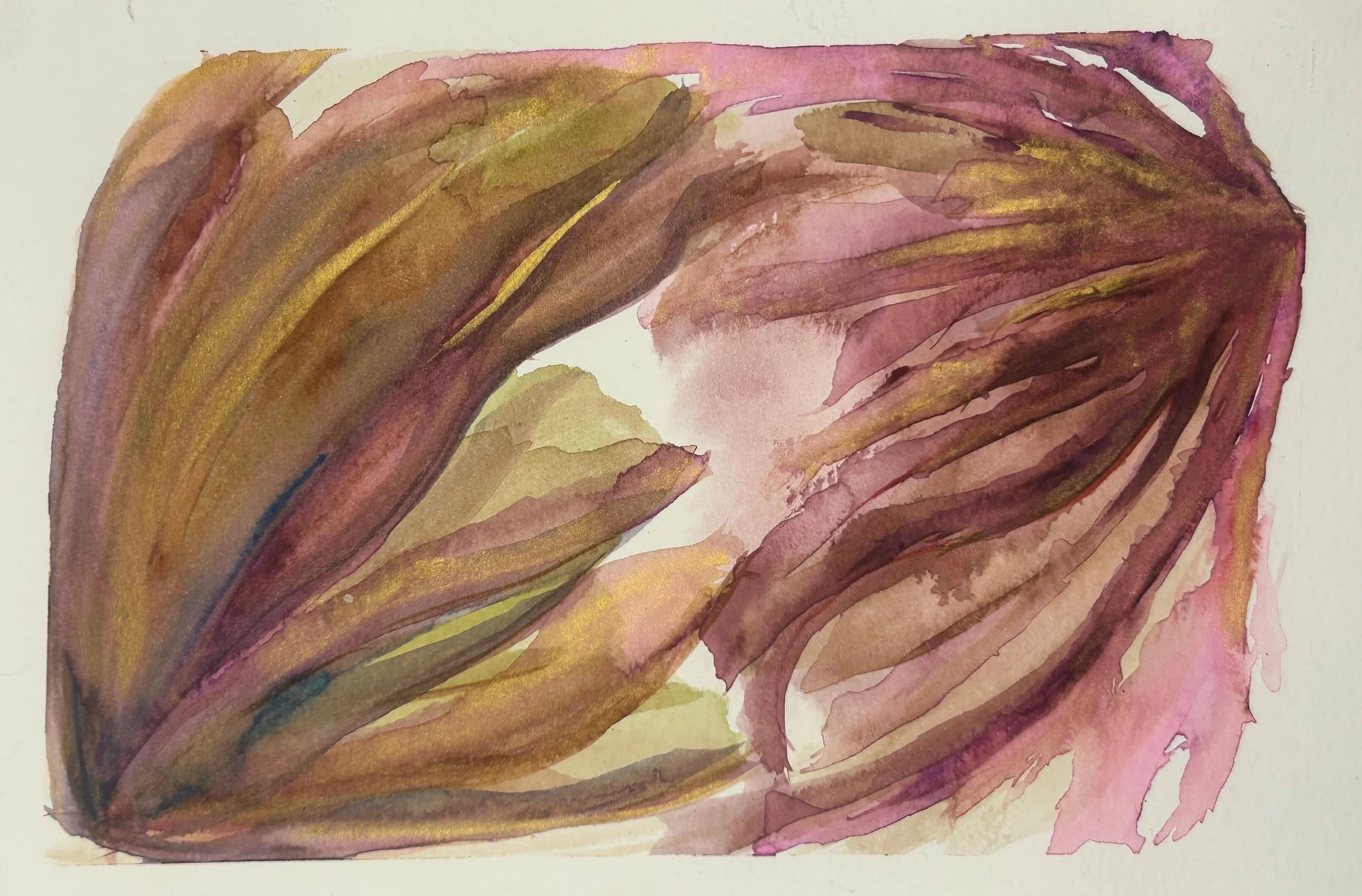 Loose watercolor flower petals in mauve, pink, and gold