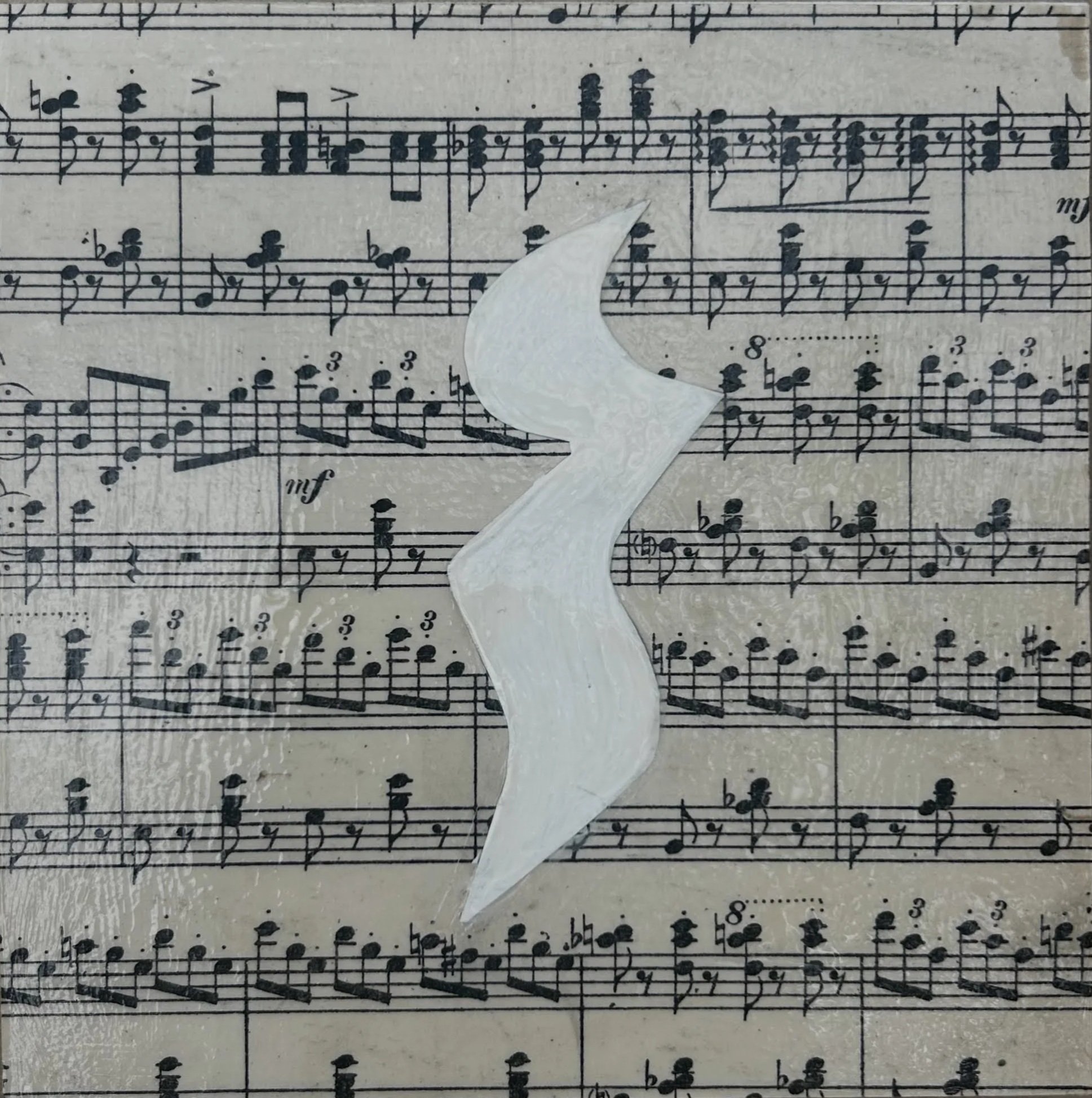 White abstract wave shape layered over vintage sheet music