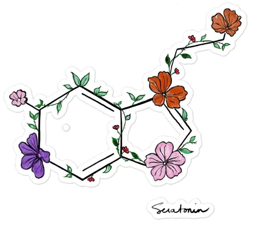 Serotonin molecule illustration decorated with pink, orange, and purple flowers and vines