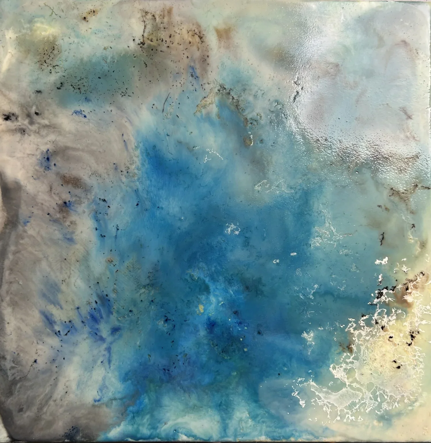 Ocean Tides, abstract encaustic painting in blue and white with alcohol inks