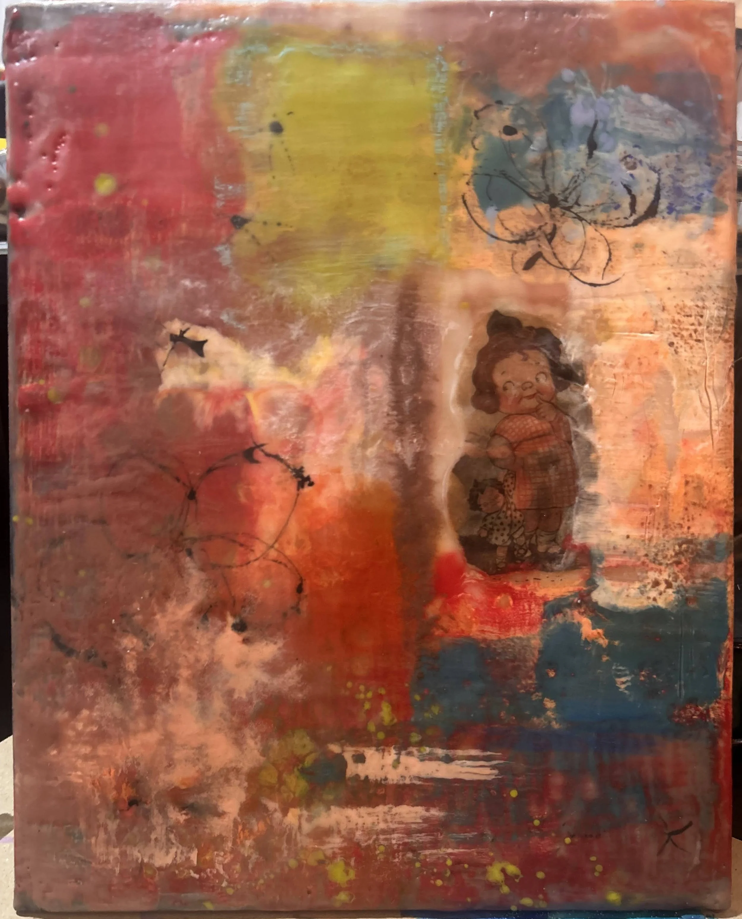 Encaustic Painting with 1925 Collage Piece Cambell's soup kid