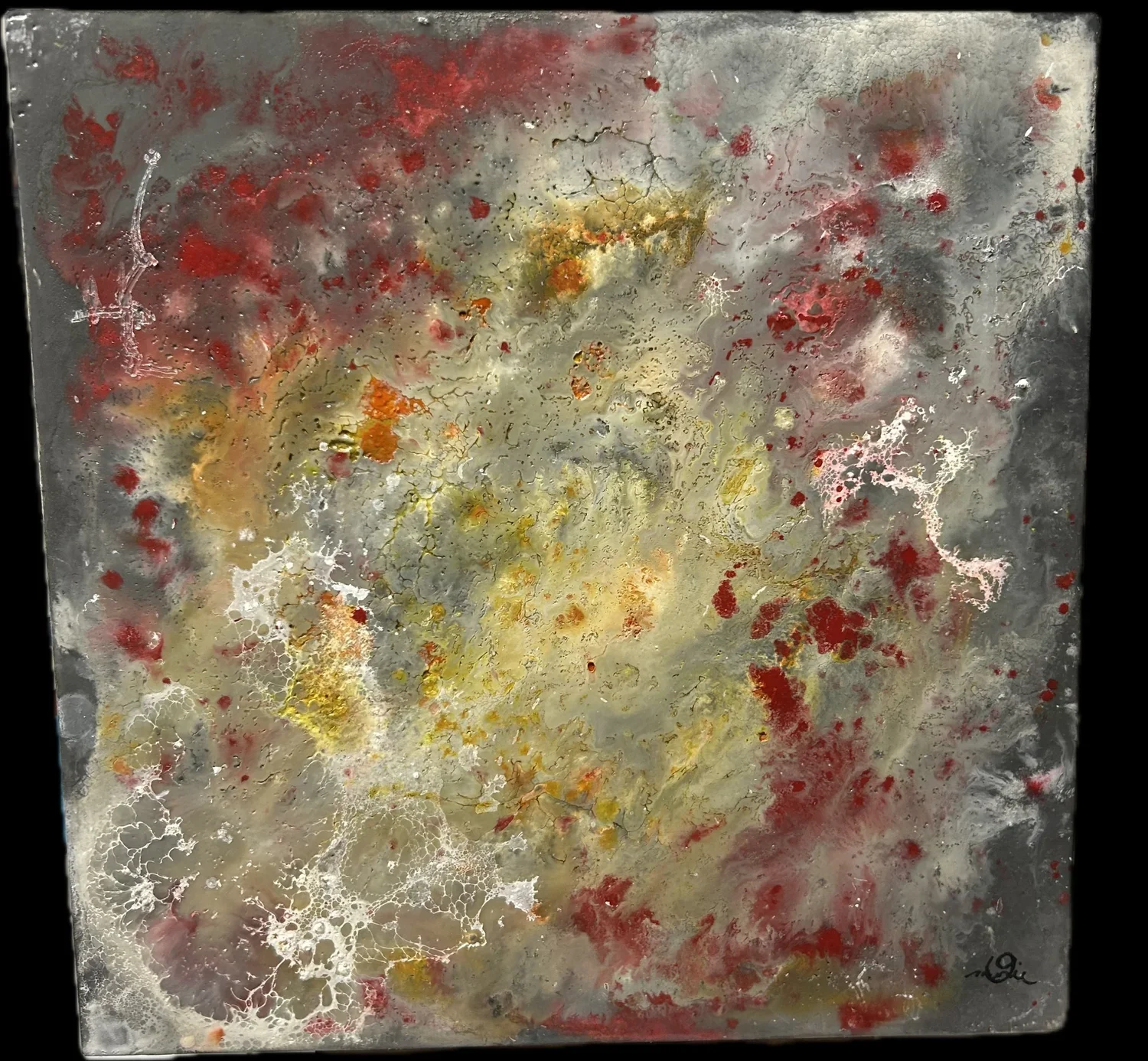 Smoke Gets In Your Eyes, encaustic painting with alcohol ink and shellac burn in gray, red, and gold