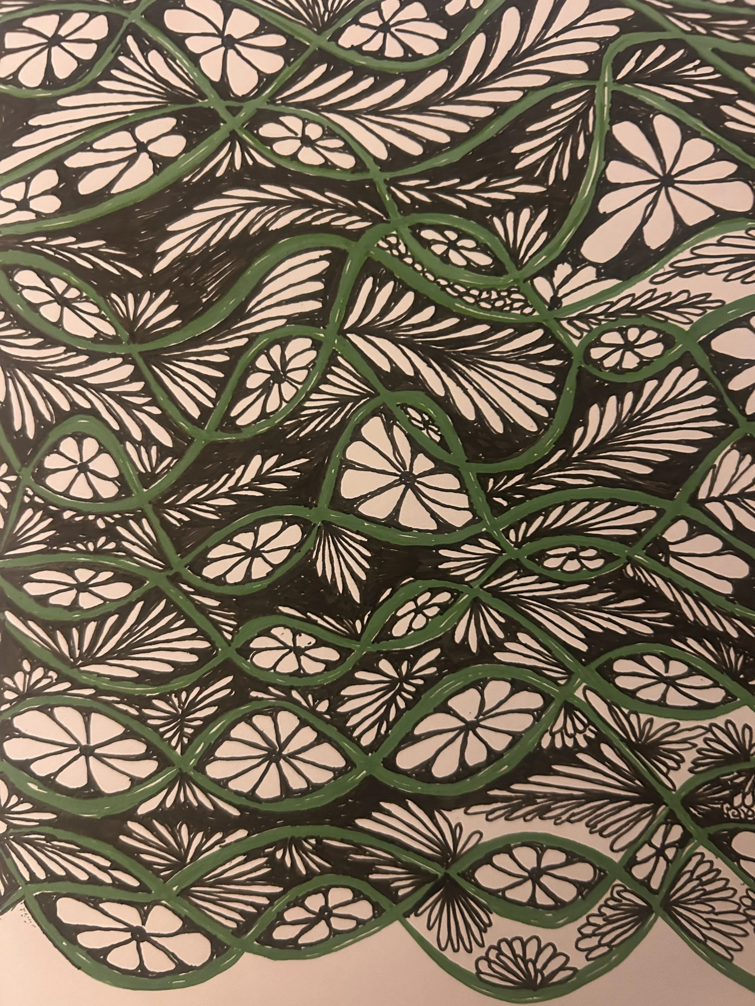 Ink and watercolor pattern of pink flowers and green vines on a dark background