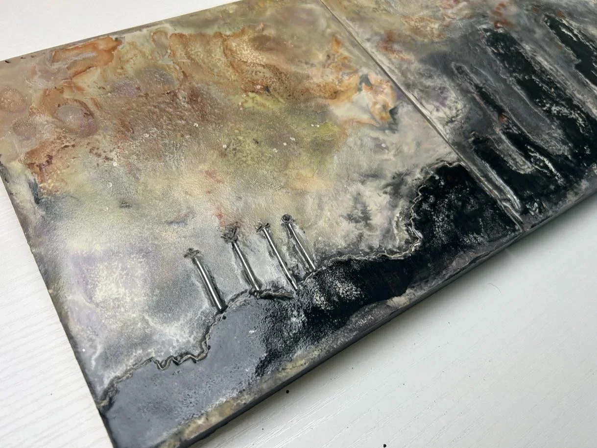Kansas City Skyline, encaustic, ink and oil