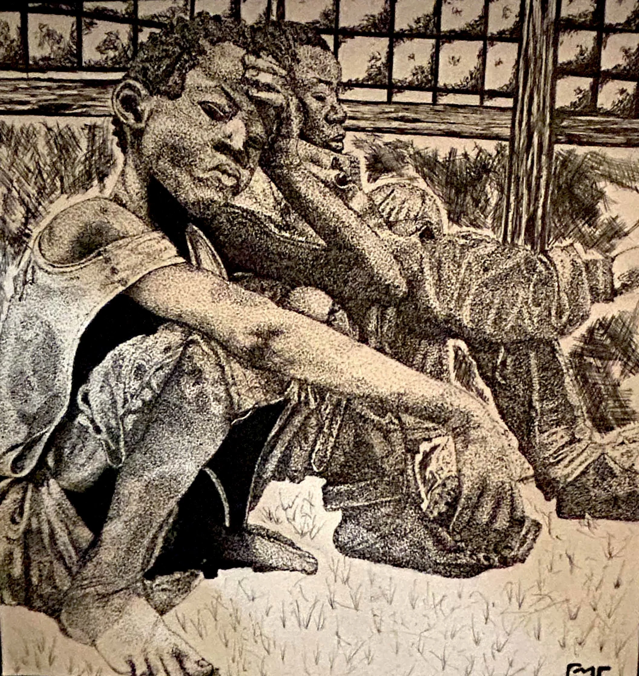 Detailed black and white ink drawing of three boys resting outdoors