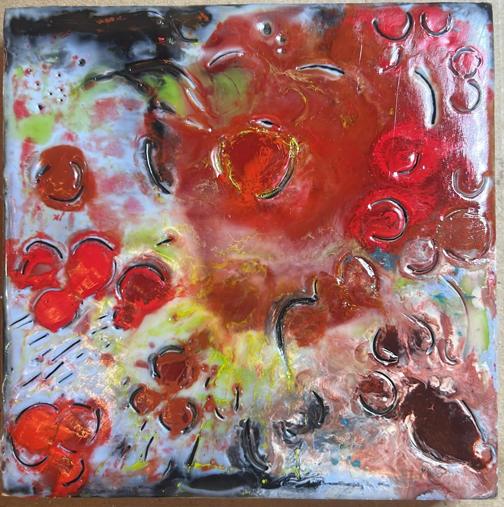Small Encaustic art piece with red focal circles