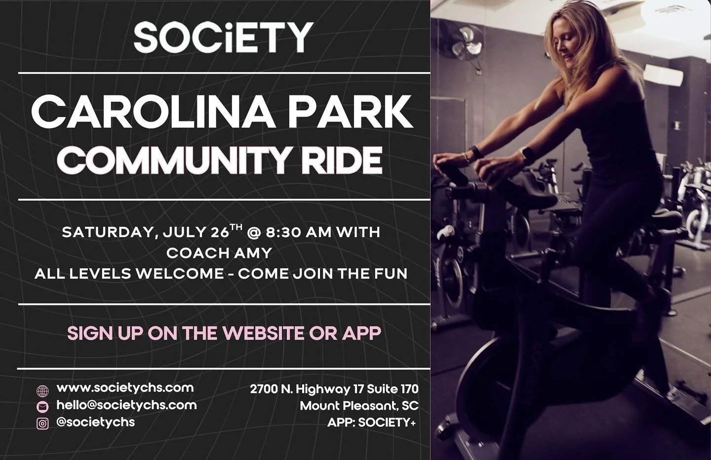 ATTENTION NEIGHBORS!!! FREE Carolina Park Community Ride w/ coach Amy Saturday, July 26th @ 8:30am&hellip;. Everyone is welcome (all neighborhoods and neighbors)! 
.
.
Sign up on the website or the app. 
www.societychs.com 
App: society+
.
Summer spe