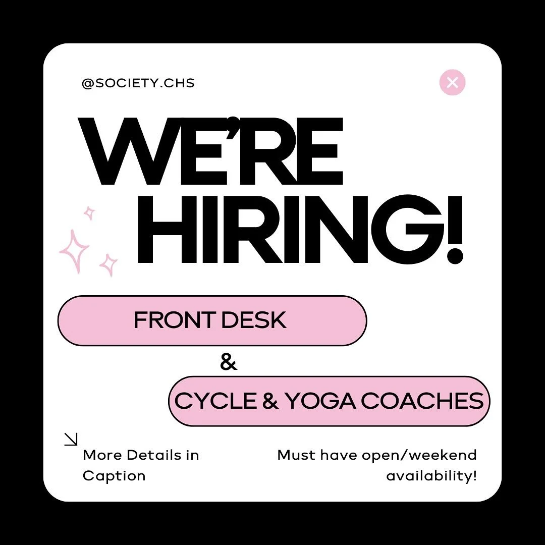 Do you love, fitness, people, and making someone&rsquo;s day? 💪🏻😀
.
.
SOCiETY is Hiring&hellip;.
FRONT DESK / CYCLE COACHES / YOGA COACH
.
.
Please send inquiries/resumes to hello@societychs.com 
.
.
.
#werehiring #joinourteam #fitnessfamily #cycl