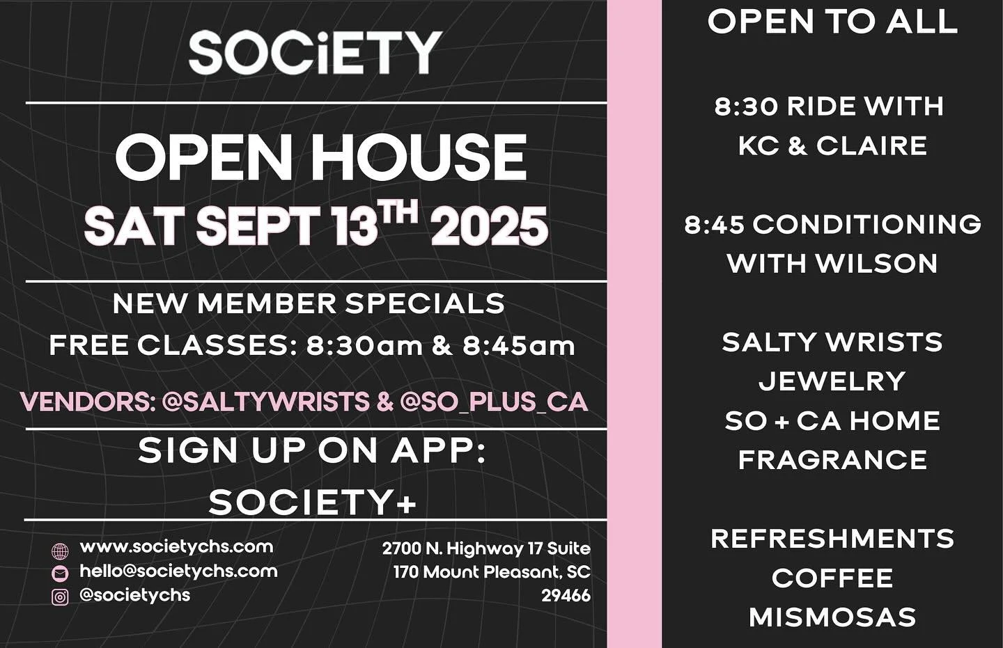 STOP WAITING! Come to SOCiETY on Saturday 09/13/2025 for our Open House!! We&rsquo;re celebrating our community with new member specials, local vendors and refreshments! Book on the app ASAP - app: SOCiETY+
.
.
Our friends from @saltywrists and @so_p