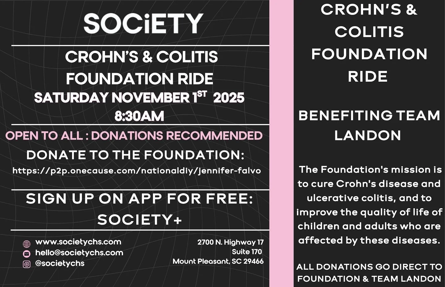 Hello all! Come join us on November 1, 2025 to help raise funds for an amazing cause. We will be riding for the Crohn’s and colitis foundation supporting Team Landon. 
The ride is free and donations are requested.
Donate here or the day of: h