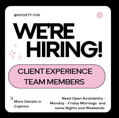 Guess what?? Society is hiring for front desk positions!! preferred availability weekday mornings with some nights and occasional weekends!  Come work with an amazing group of people and have some fun while doing it! Send us a message hello@societych