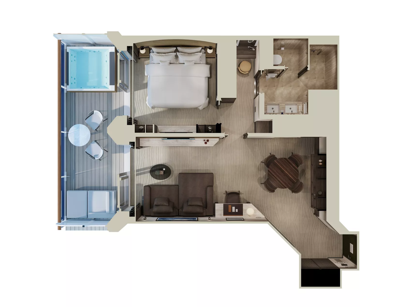 Floor plan of a Cove Residence with whirpool on Explora Journeys with a bedroom, bathroom, kitchen, living area, and outdoor balcony with outdoor furniture and a hot tub.