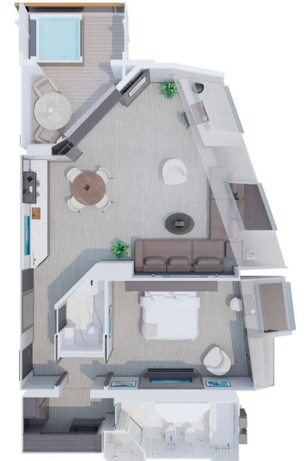 A top-down view of Retreat Residence without whirpool on Explora Journeys with a living room, bedroom, bathroom, dining area, and balcony with a hot tub
