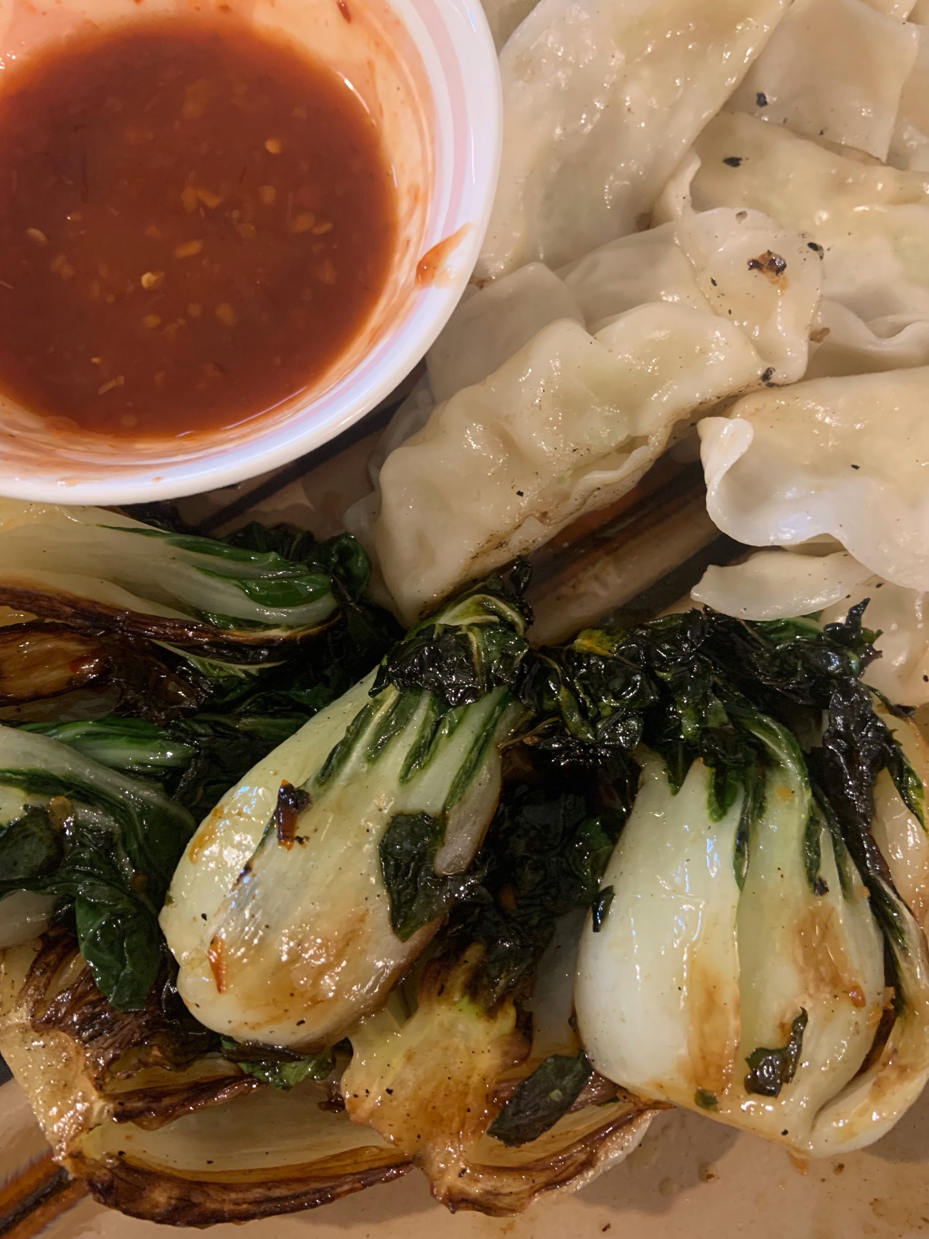 Charred Bok Choi served with House Hot Garlic Chili Sweet Sauce