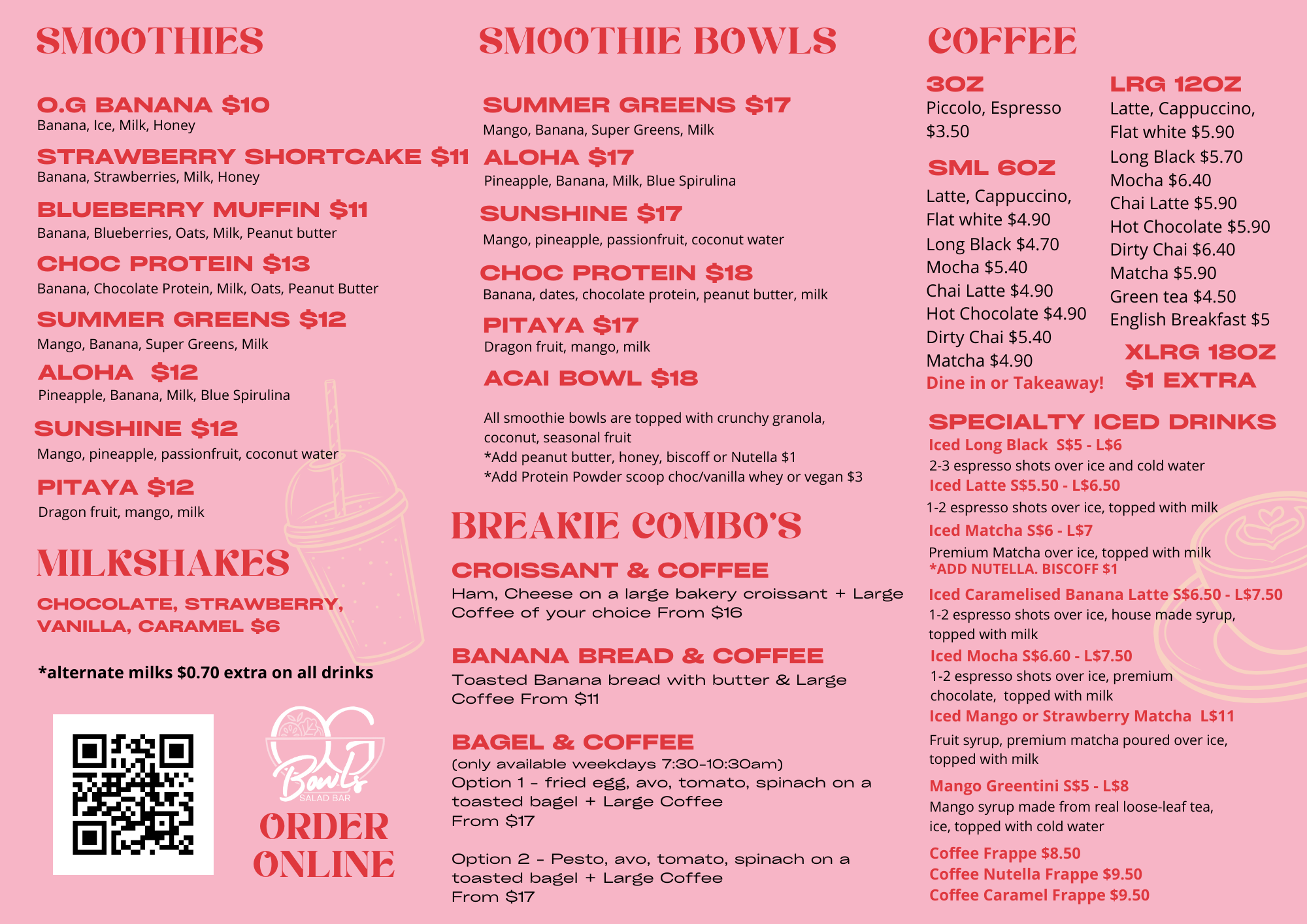 Menu of a smoothie shop with sections for smoothies, smoothie bowls, coffee, classic drinks, specialty drinks, and combo items. The menu lists flavors, ingredients, and prices, with a pink background and decorative illustrations of smoothies.