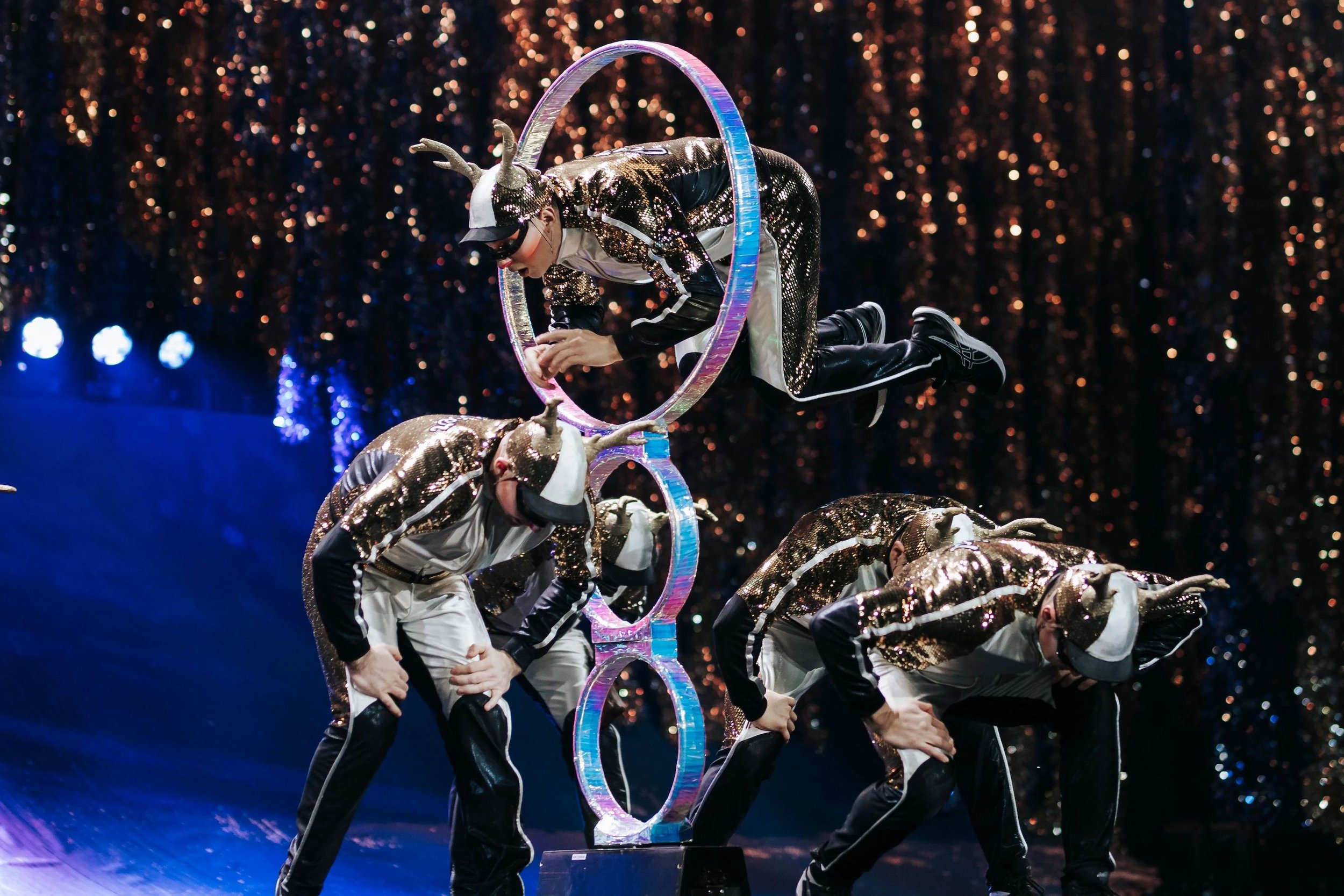Santa’s reindeer perform acrobatics and tumbling tricks; photo credit to Brandon Todd, MSG Entertainment