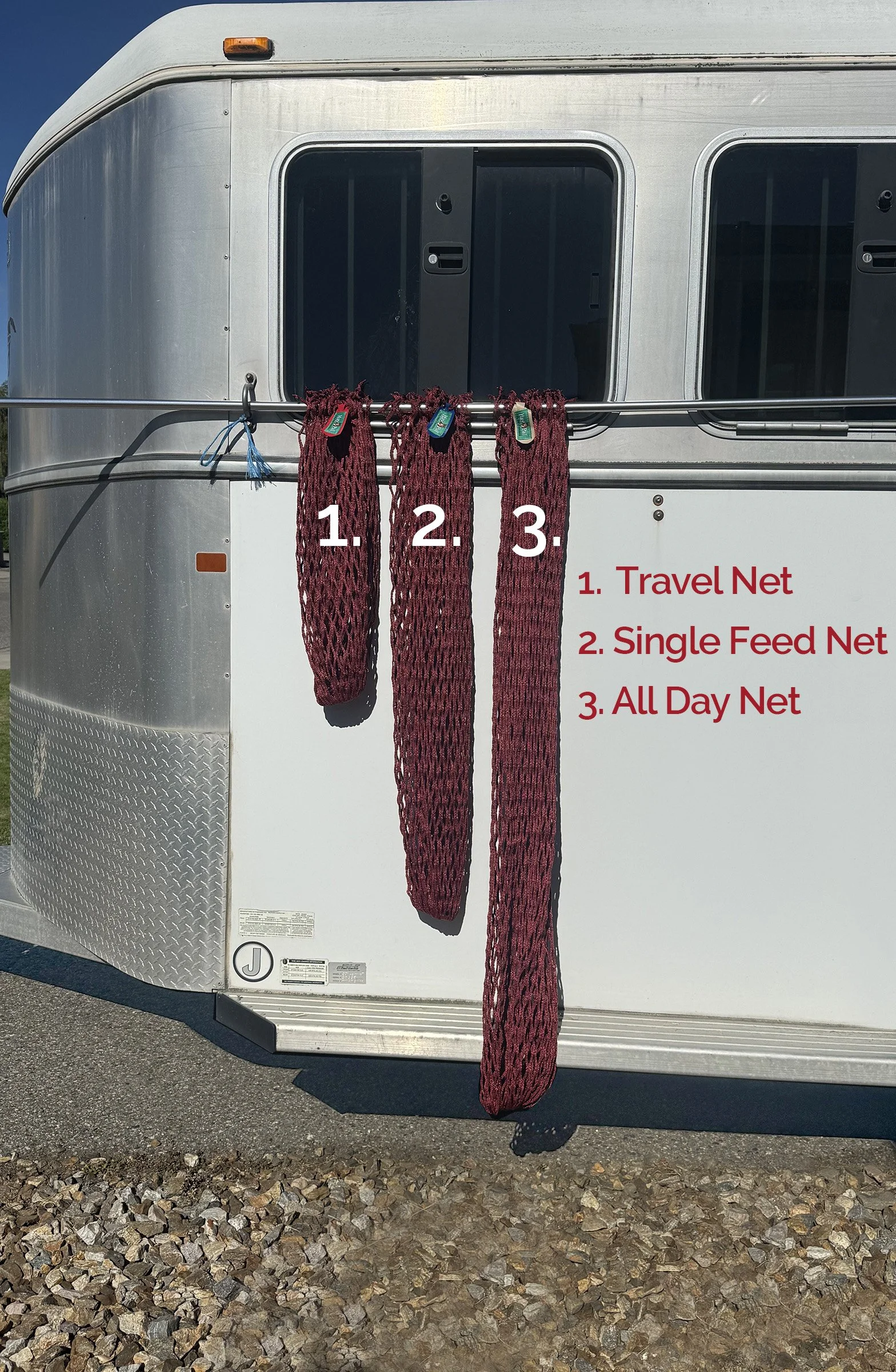 HayPal's three pre-cut sizes of hay nets. Available direct from HayPal