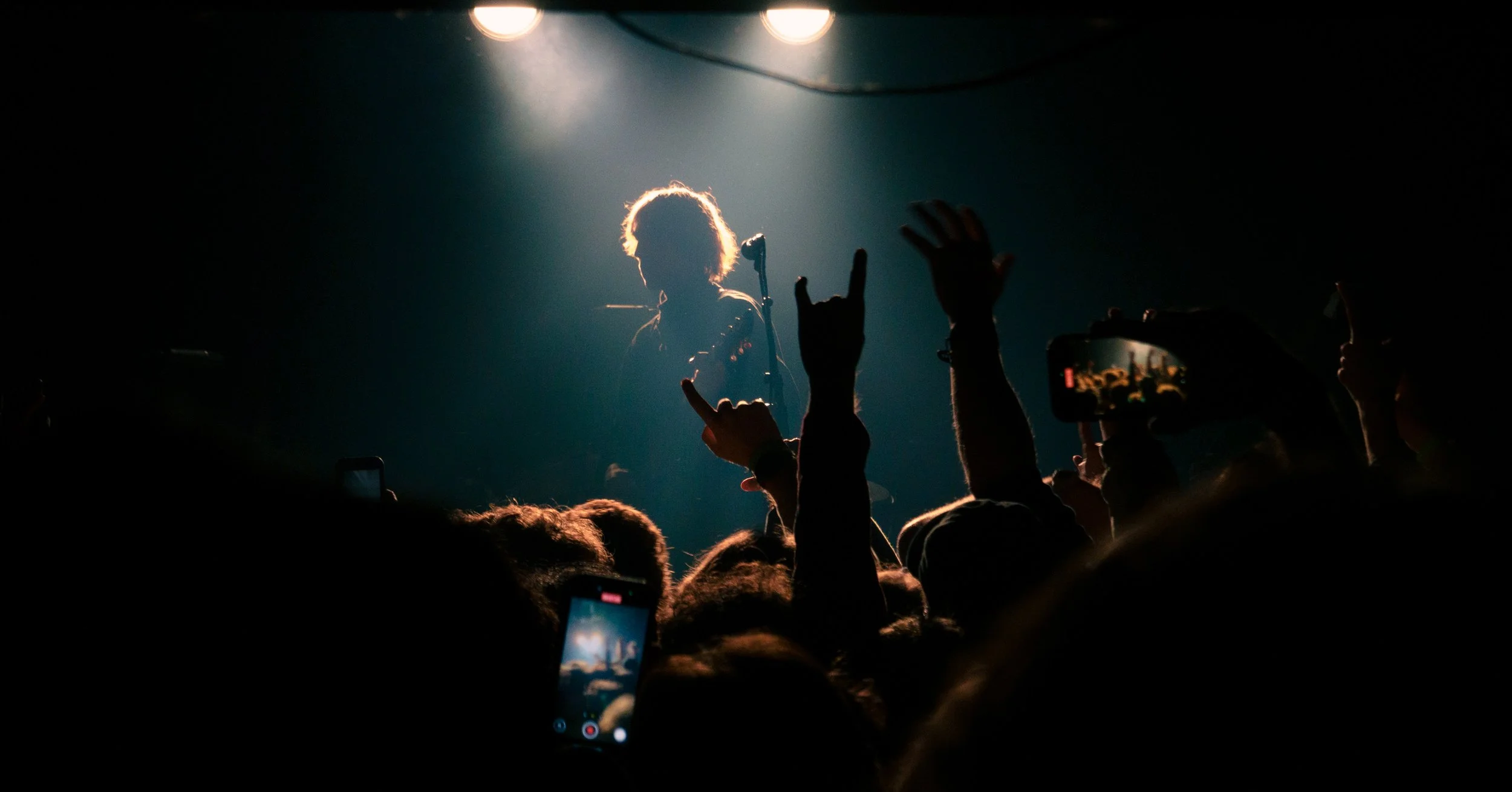 A silhouette of a musician performing on stage with a microphone in front, illuminated by stage lights, during a concert with an audience in the foreground holding up hands and phones.