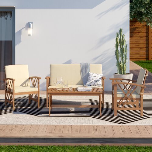 Kirstine Solid Wood 4 - Person Seating Group with Cushions