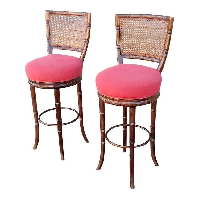 Vintage Faux Bamboo Cane Back Swivel Bar Stools Pair