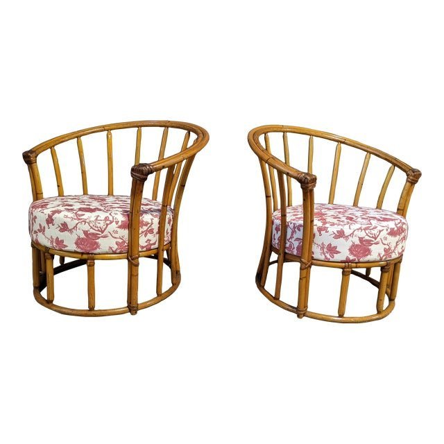 Mid 20th Century Bamboo Barrel Back Club Chairs Pair