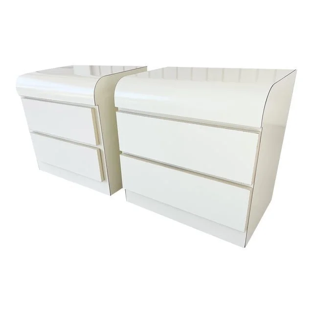 1980s White Waterfall Front Postmodern Nightstands Pair