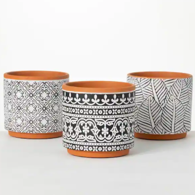 6" Terracotta Black and White Clay Planters (Set of 3)