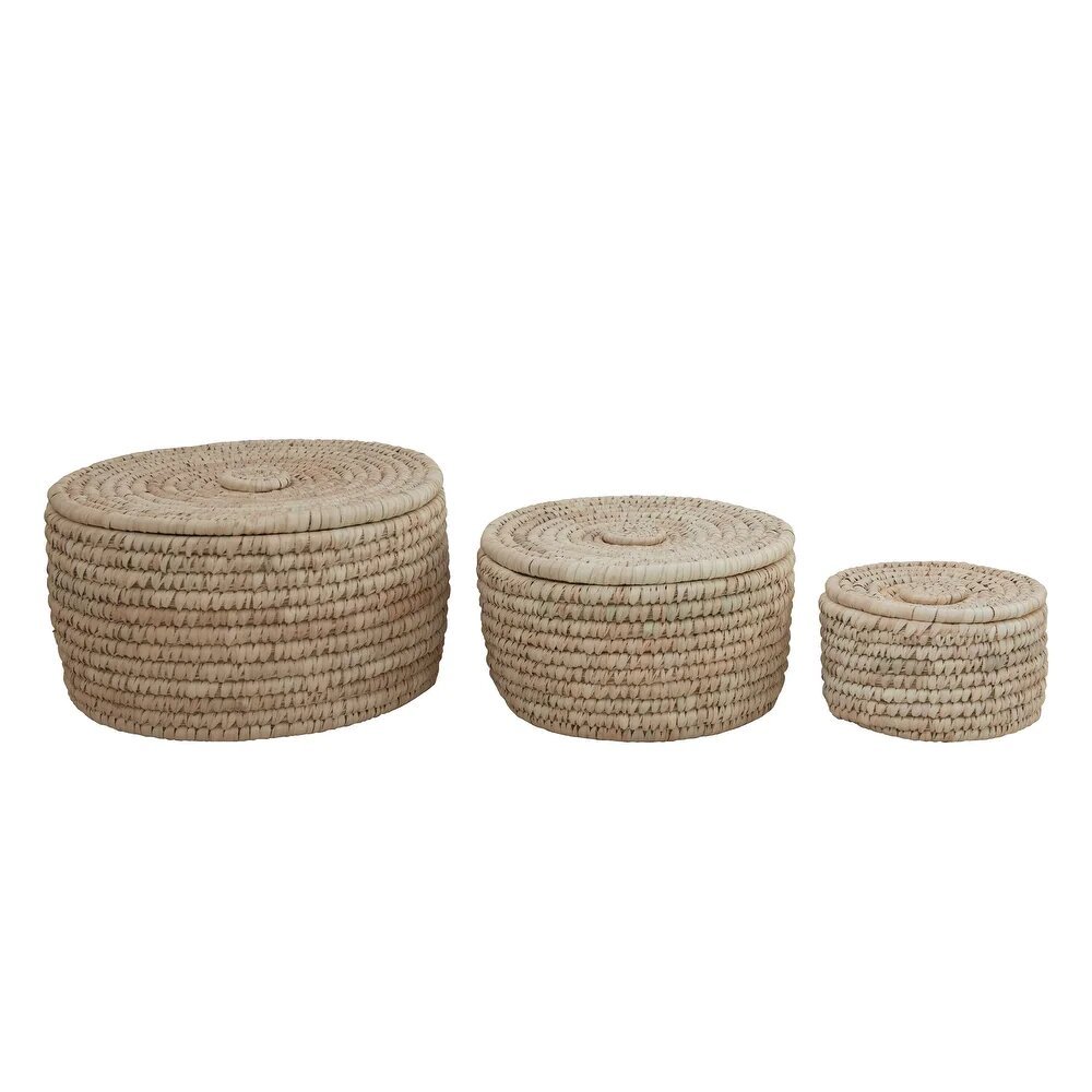 Hand-Woven Grass &amp; Date Leaf Baskets with Lids, Set of 3
