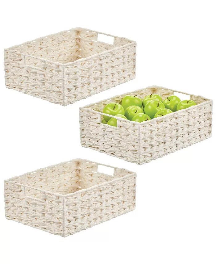 Woven Farmhouse Kitchen Pantry Food Storage Basket Box, Large - 3 Pack, White
