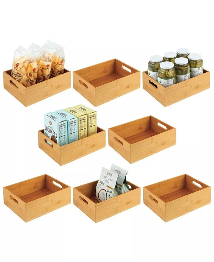 Wood Bamboo Pantry Storage Bin Container, Handles, 8 Pack