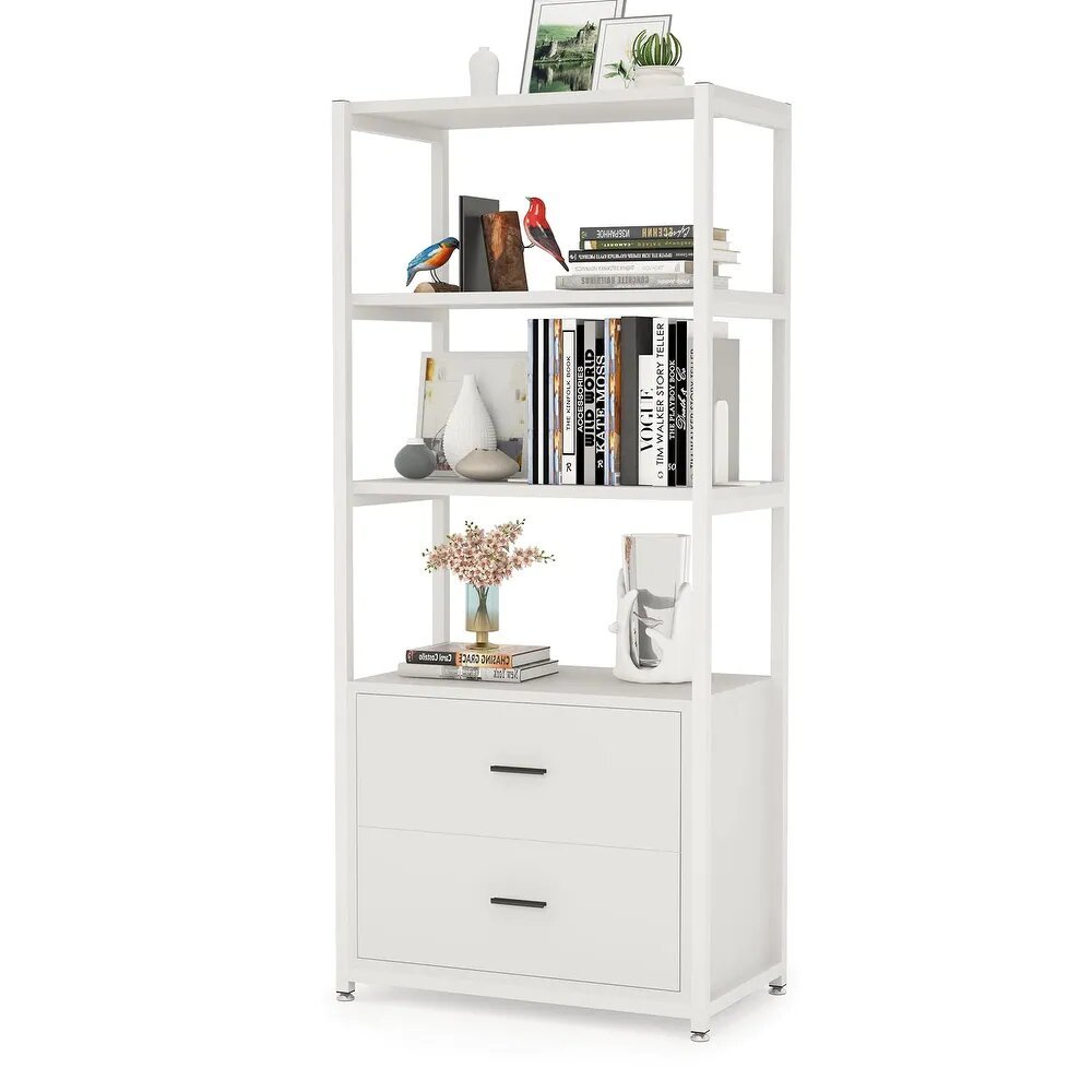 4-Tier White Bookshelf with 2 Drawers