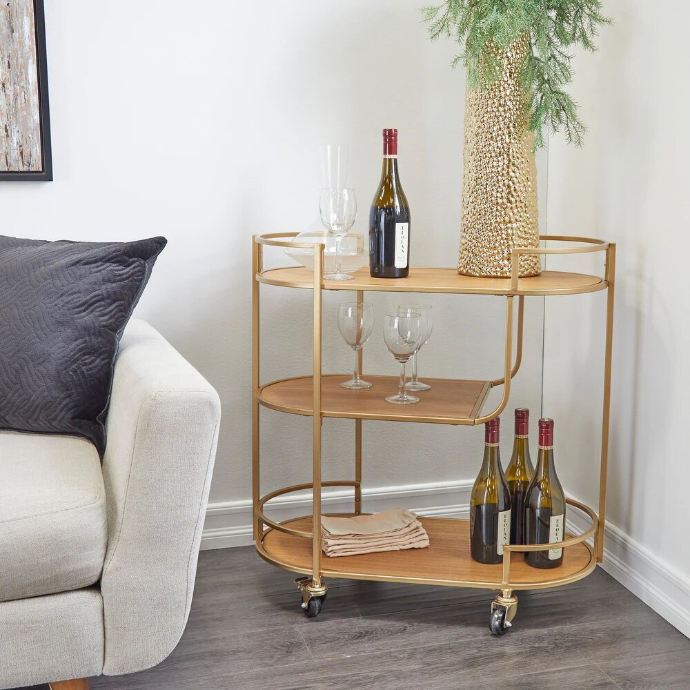 Gold Wood Rolling 3 Shelves Bar Cart with Handles