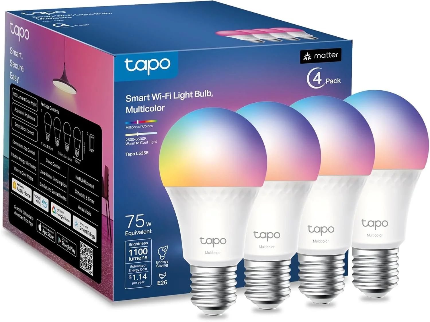 Tapo TP-Link Wi-Fi Smart Light Bulbs, 16M Colors, Dimmable, Works w/Siri, Alexa &amp; Google Home