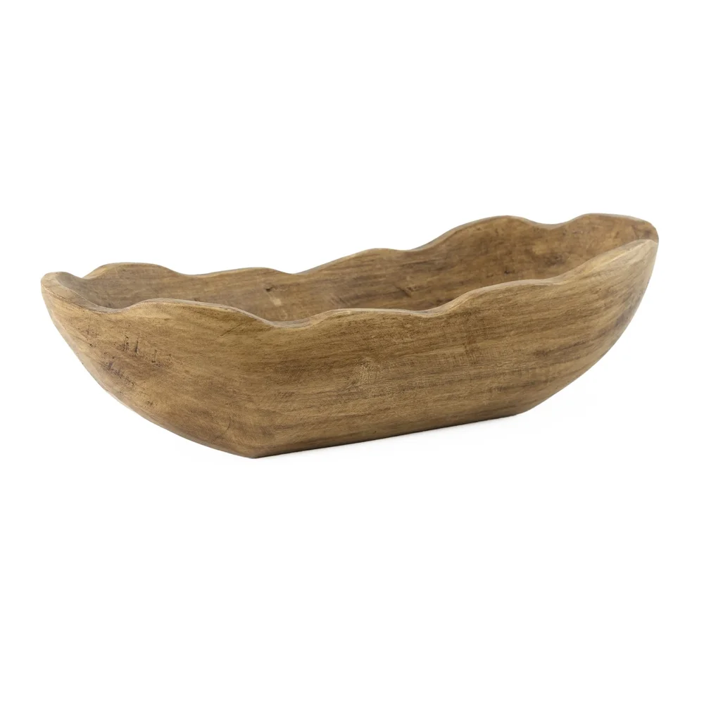 Indoor Carved Mid-Tone Brown Wood Decorative Dough Bowl