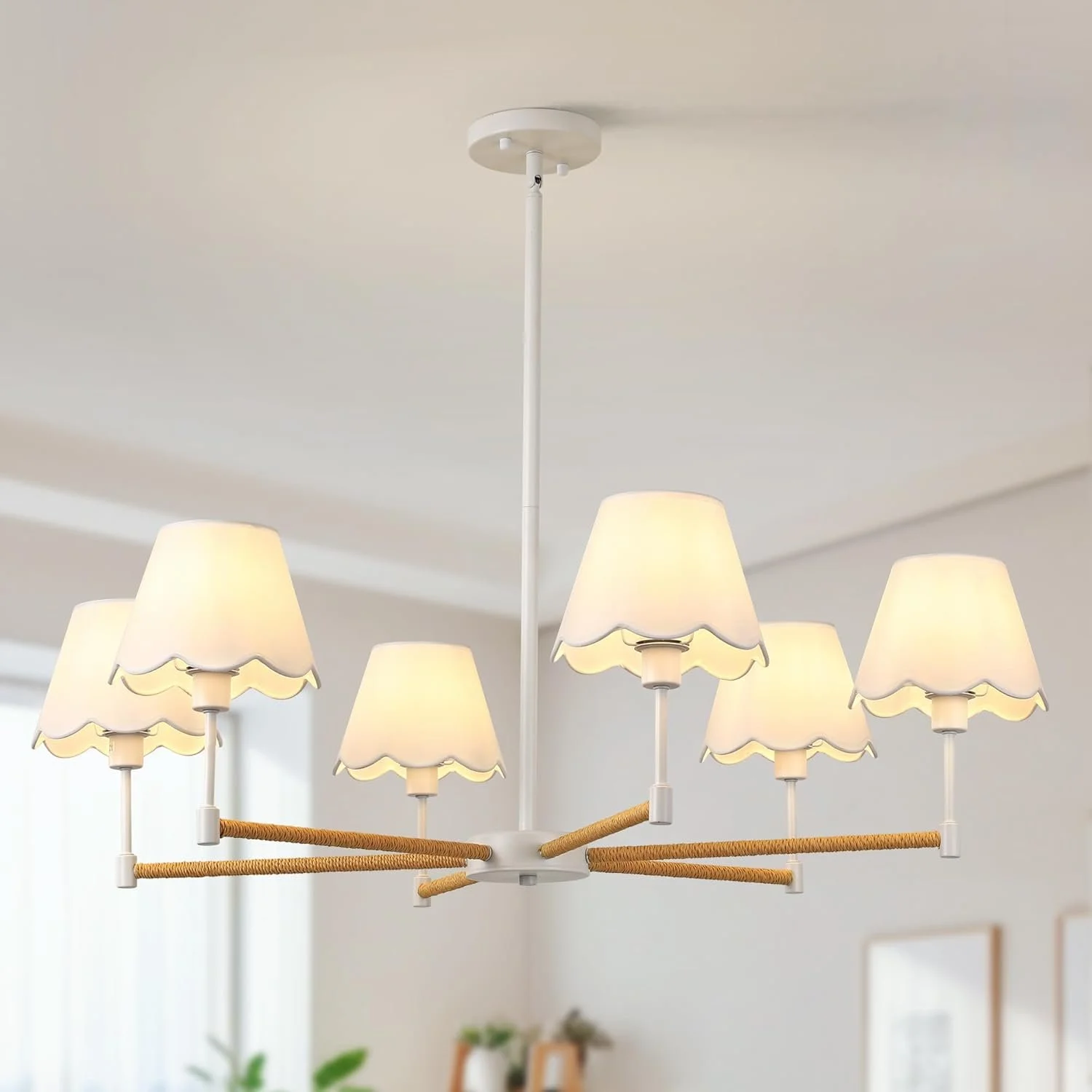 Farmhouse Rattan Chandelier with White Fabric Shade, 6-Light Boho