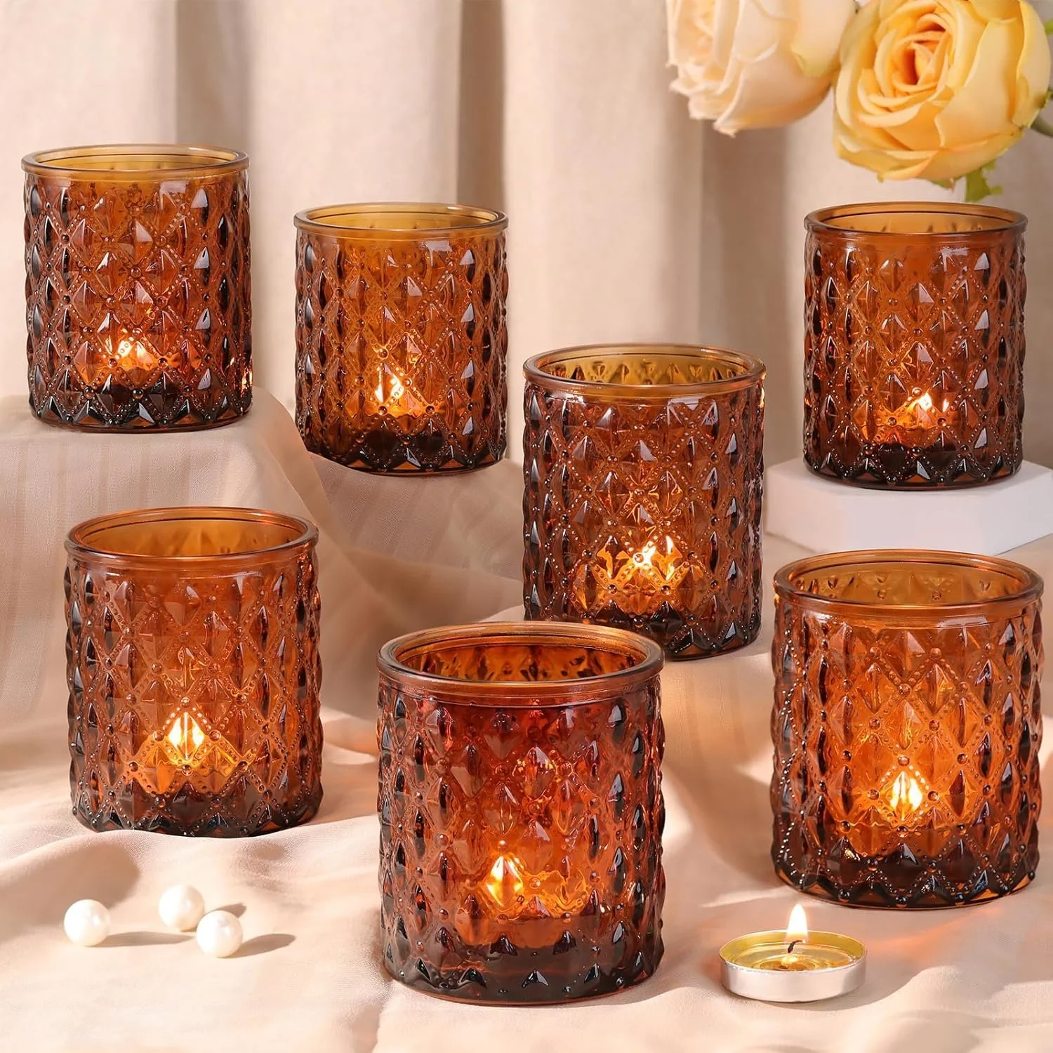 8Pcs Large Votive Candle Holders Amber Tea Light Candle Holders