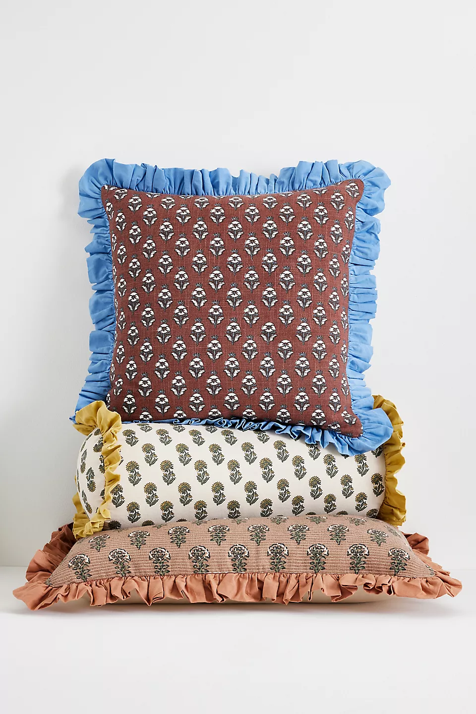 Cotton Block-Print Ruffle Pillow