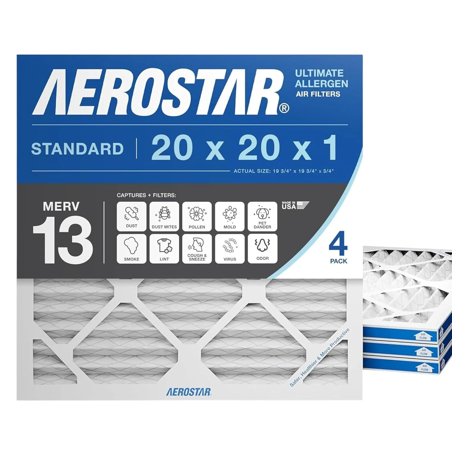 Aerostar 20x20x1 MERV 13 Air Filter, 4 Count