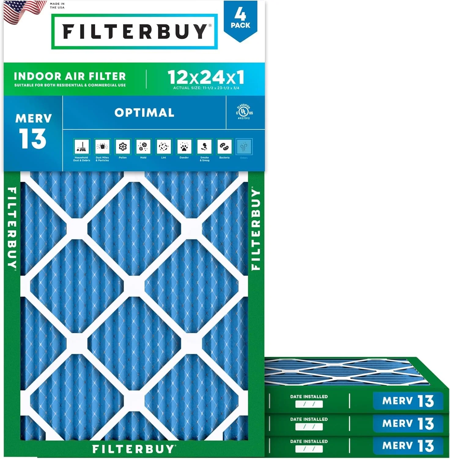 Filterbuy 12x24x1 Air Filter MERV 13 Optimal Smoke &amp; Allergy Defense (4-Pack)