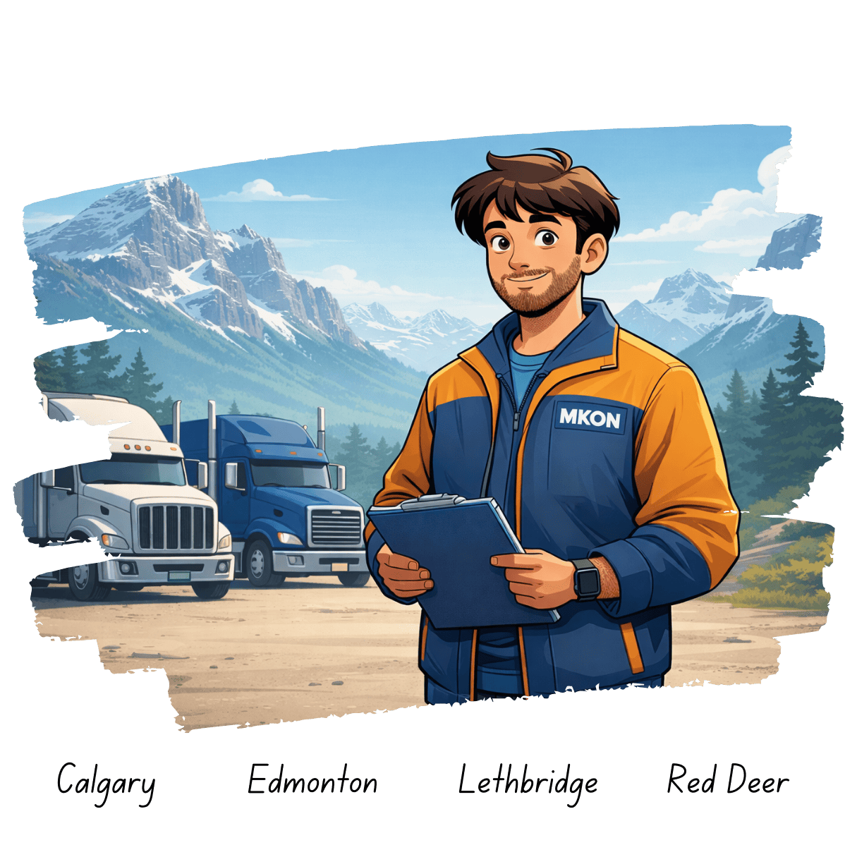 An MKON employee in a yellow and blue jacket with 'MKON' logo, standing outdoors in front of snow-capped mountains, trees, and trucks, holding a clipboard. He is performing an NSC trucking audit checklist.