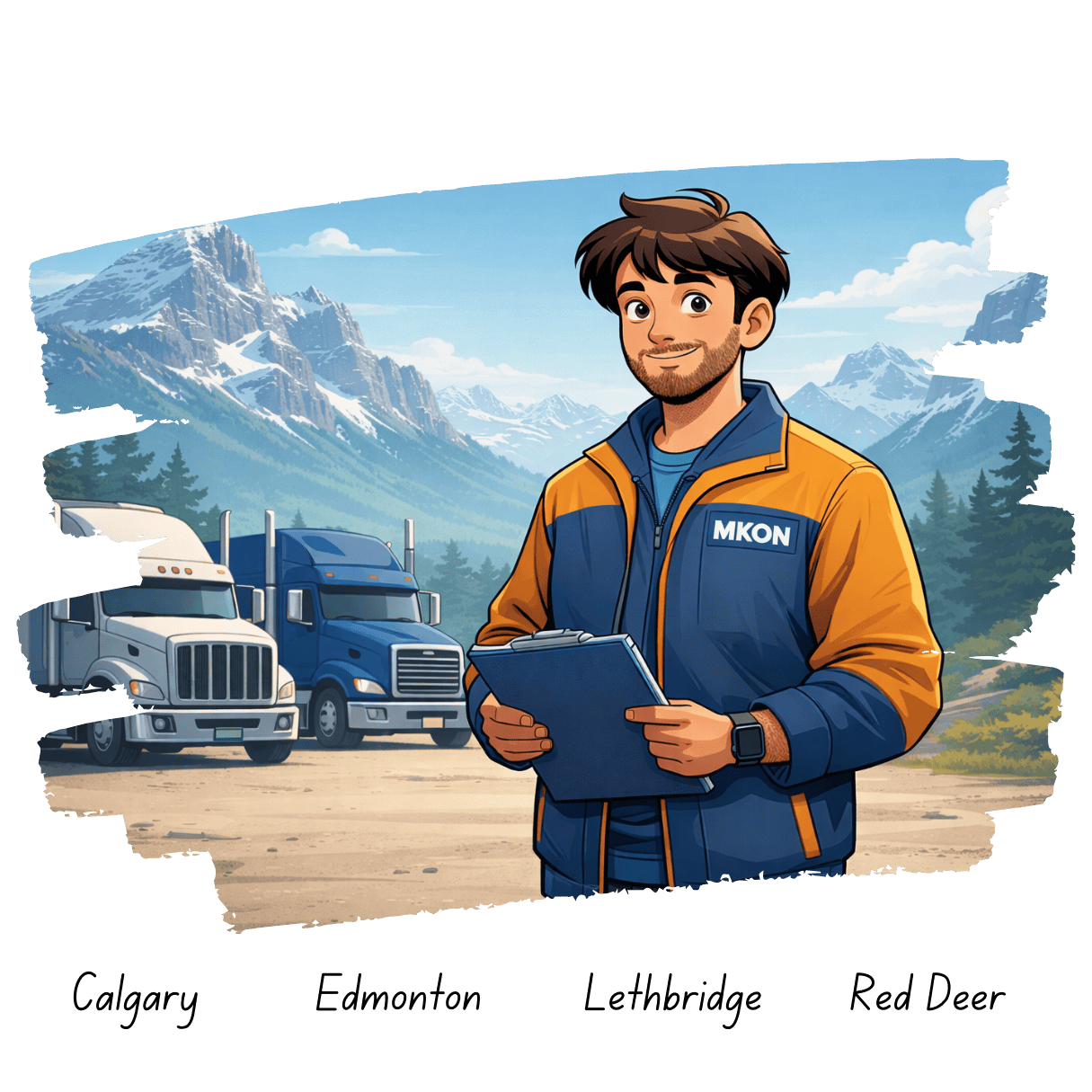 An MKON employee in a blue and orange jacket with 'MKON' written on it, holding a clipboard, with snow-capped Alberta mountains and three trucks in the background.