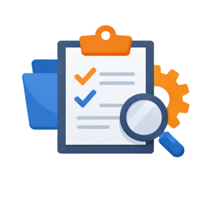 An MKON audit checklist with checkmarks, a magnifying glass, and gear on a clipboard, representing review and analysis of an Alberta NSC audit for truckers.