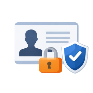 Digital illustration of a user ID card, a padlock, and a shield with a checkmark symbolizing security and privacy.