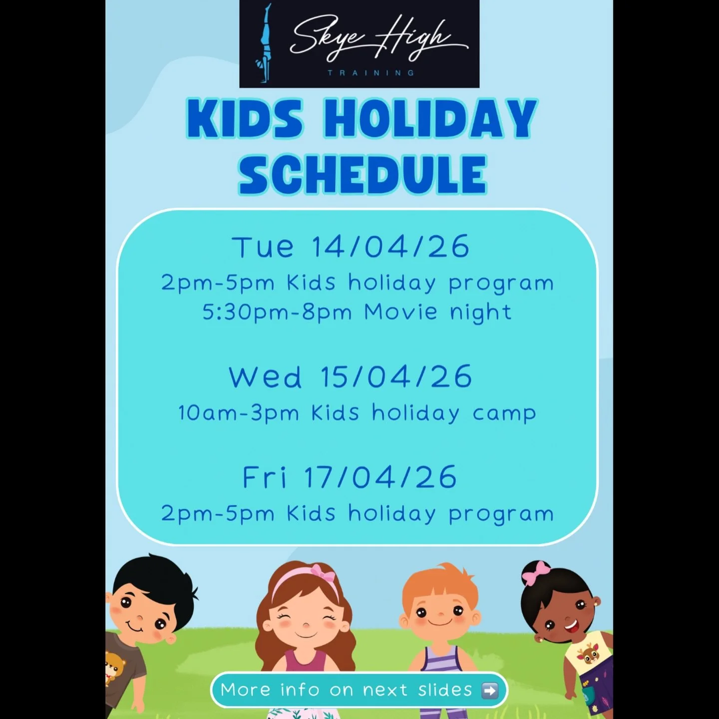 Term 1 is almost over and holidays are fast approaching.

Skye High Training will be closed for week 1 of holidays but don&rsquo;t worry we&rsquo;ll be back in week 2 with plenty of holiday fun for the kids 😁

🗓️ Tue 14/04/26
2pm-5pm Kids holiday p