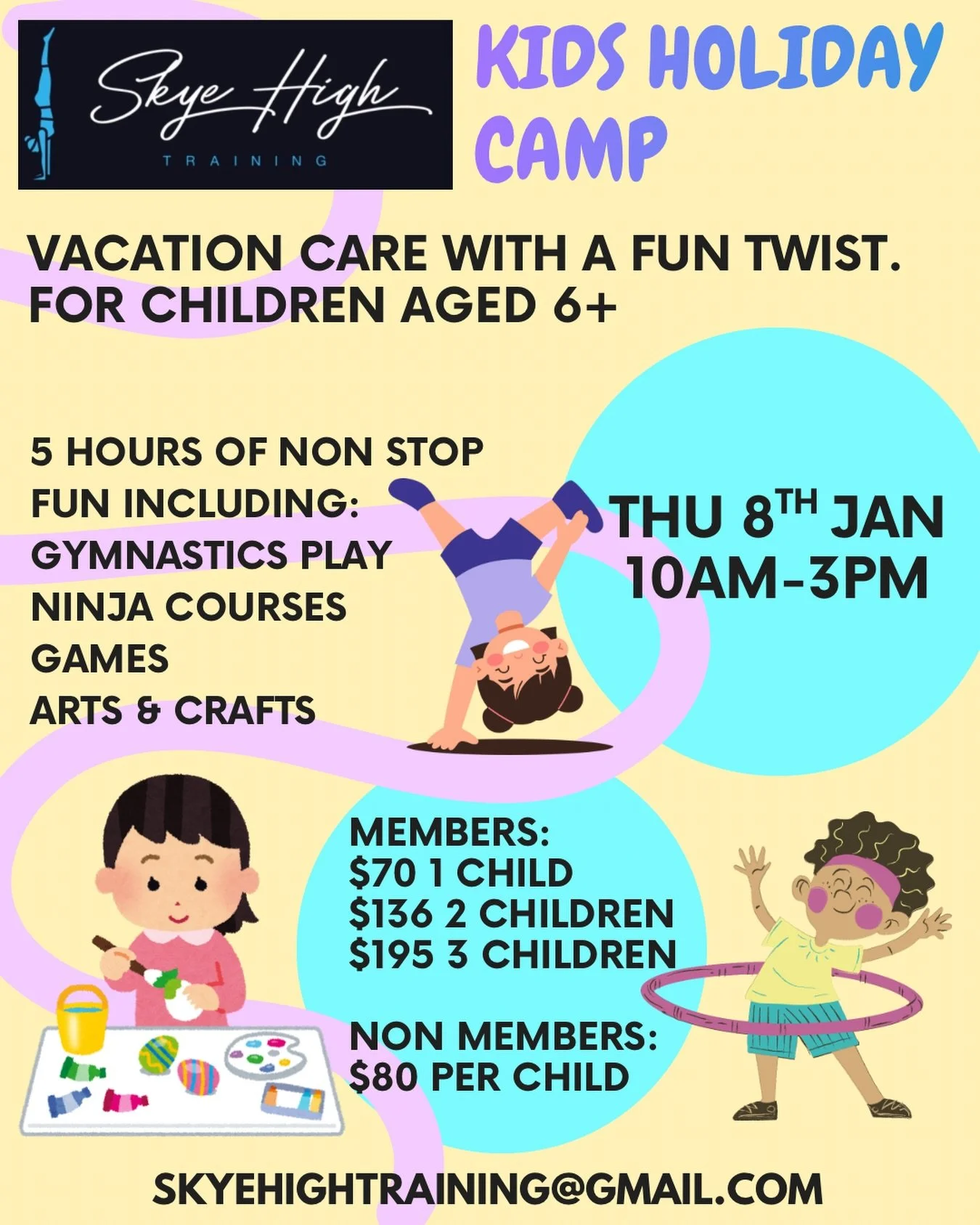 The Kids Holiday Camp is back 😁 Let us to take your kids off your hands for a full 5 hours of gymnastics and ninja fun as well as arts and crafts and plenty of games to keep them entertained all day.

Contact us for bookings