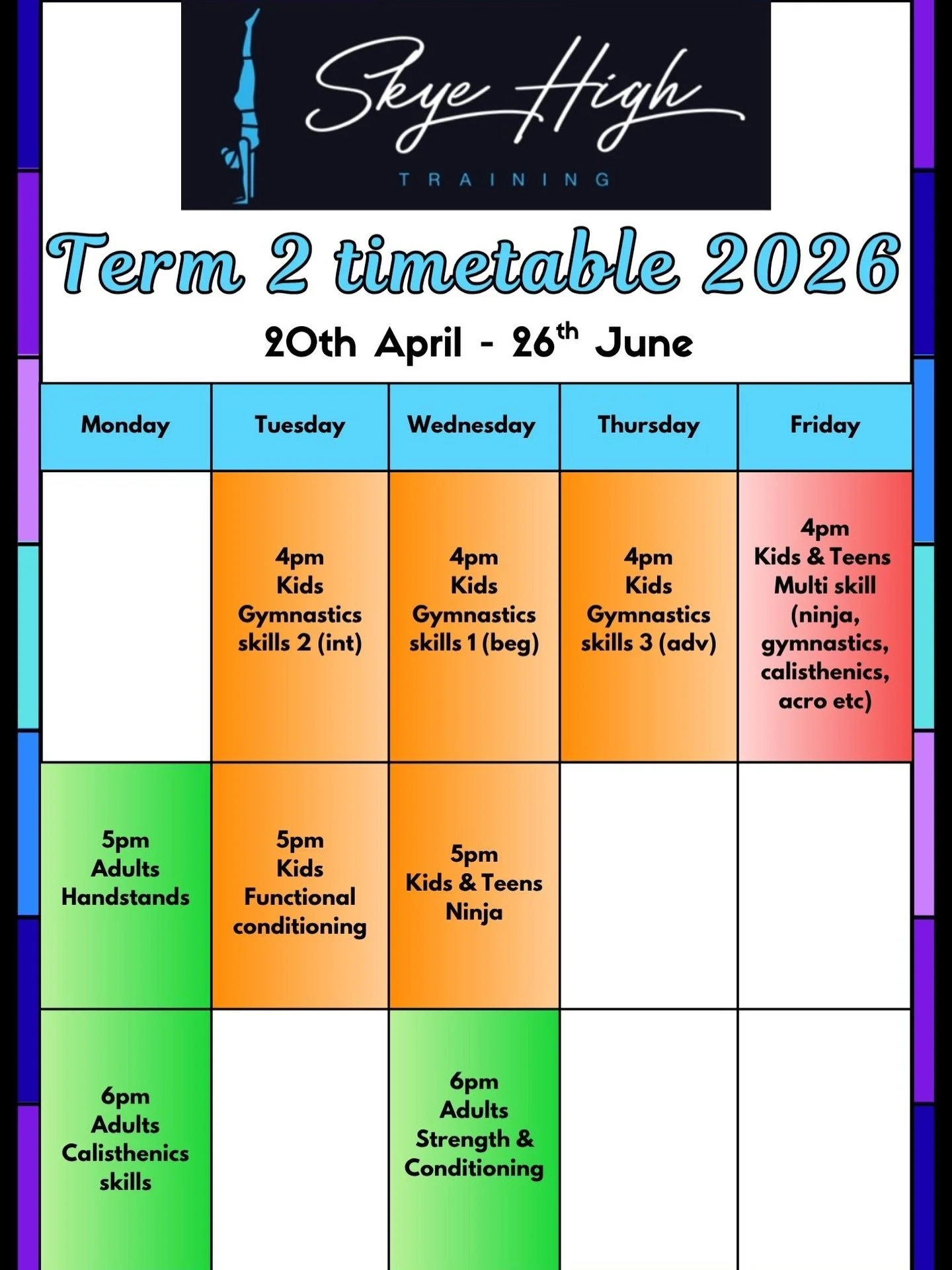 Updated term 2 class schedule 

Remainder of term enrolments and casual classes available.

Please contact us for all bookings