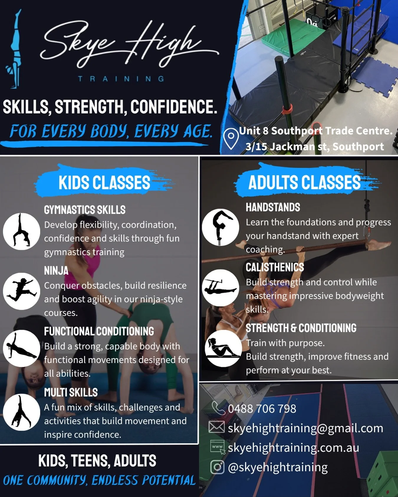 Skills, strength &amp; confidence for every age. ✨

@skyehightraining 

📍Southport 

Contact us for all inquiries.
skyehightraining@gmail.com

#gymnastics #calisthenics #ninja #handstands #conditioning