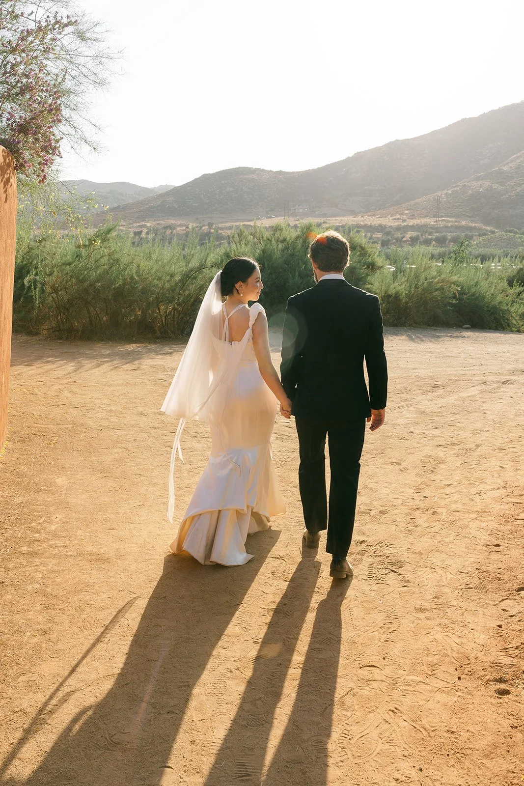 Pareja de novios caminando de la mano en un sendero de tierra en un paisaje de montañas y vegetación, en un entorno soleado y natural.